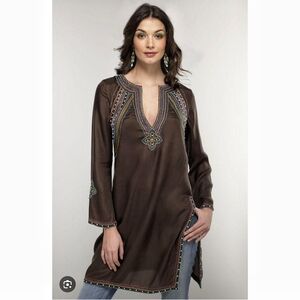 NWT Coldwater Creek Beaded 100% Silk Boho Tunic Dress| Chocolate Brown| Medium